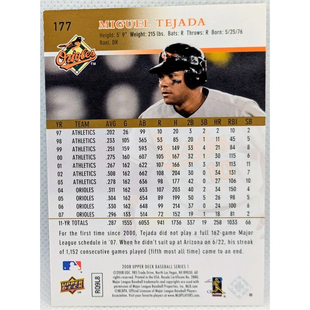 2008 Upper Deck #177 Miguel Tejada Baltimore Orioles /99